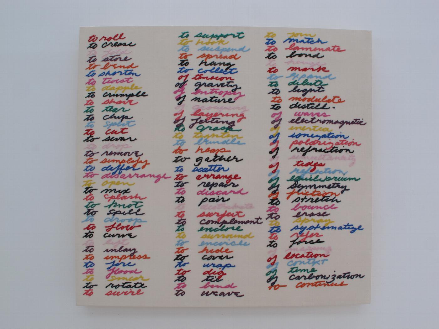 Escultura de Carmen Marcos, un bordado sobre algodón montado en bastidor de madera (2010-2012), que reproduce el listado de verbos de acción relacionados con la escultura manuscrito por Richard Serra en 1968
